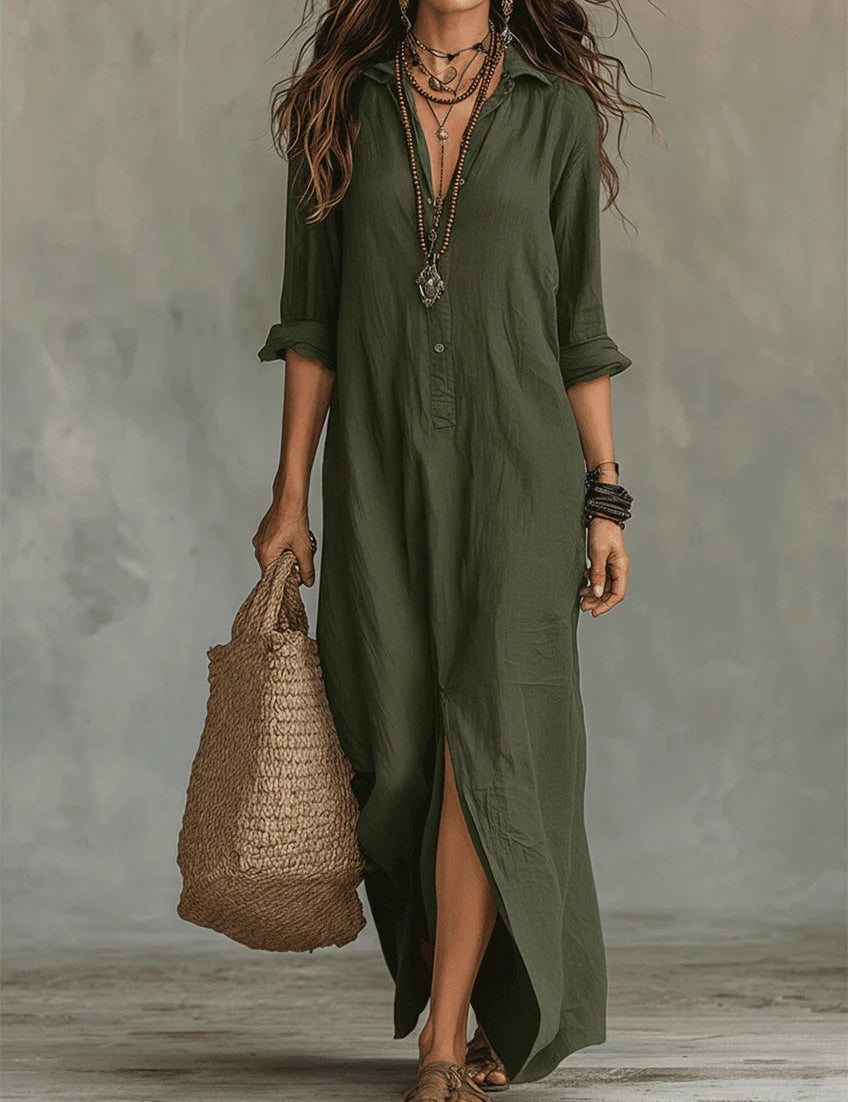 Soline | Vestido maxi com botões e decote em V relaxado