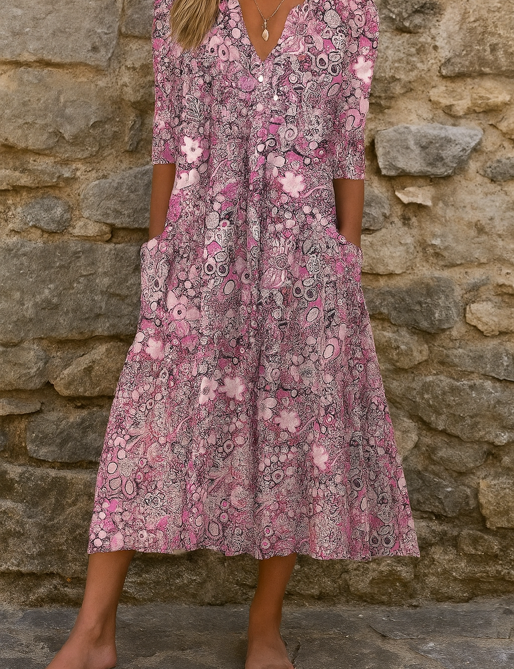 Élise | Vestido midi estampado com decote em V