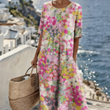 Chérie | Vestido midi com flores, amplo e leve