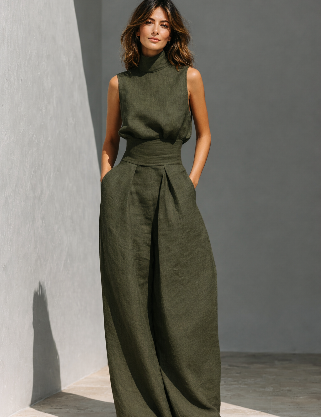 Maria - Conjunto de top e calças largas em algodão e linho minimalista para mulher