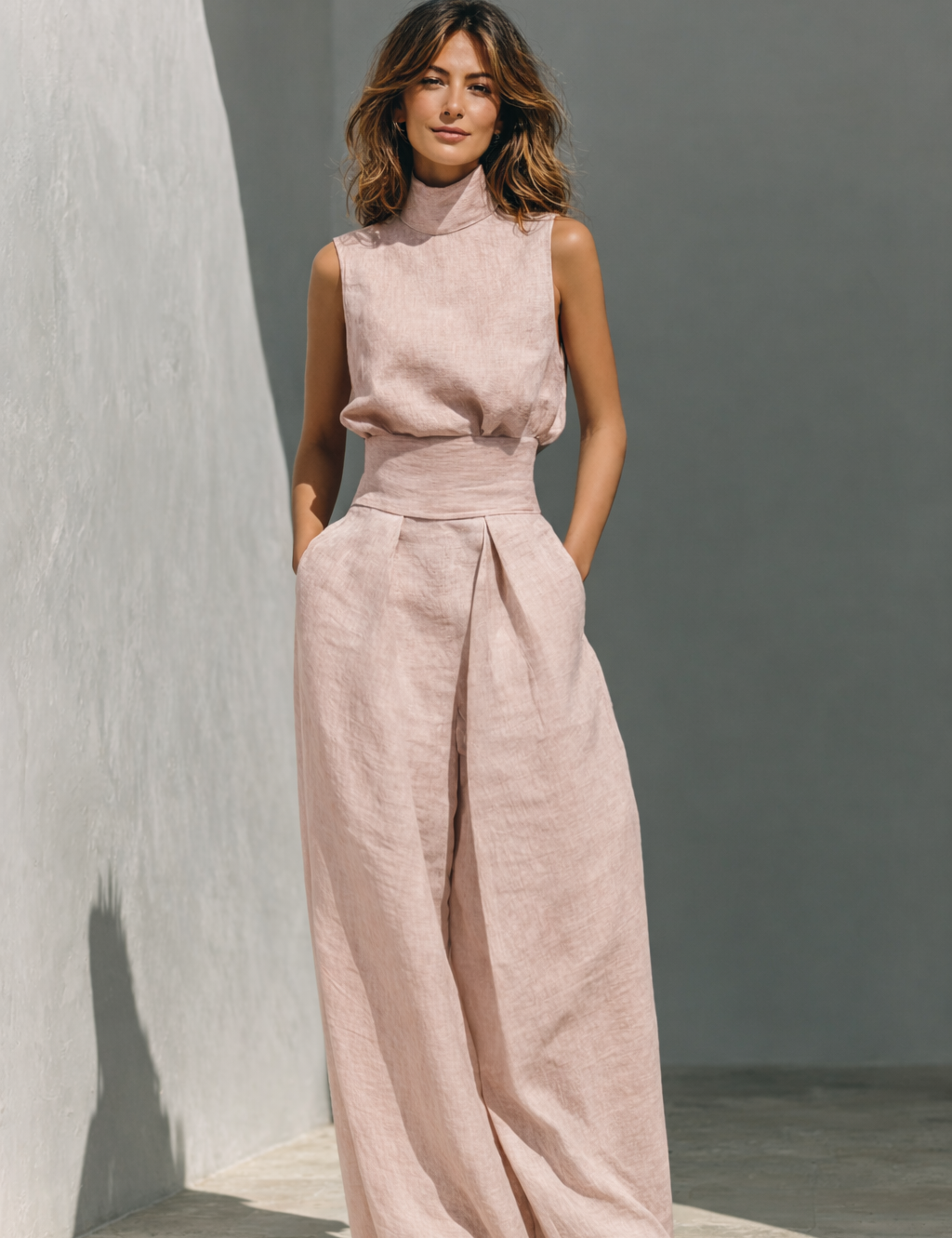 Maria - Conjunto de top e calças largas em algodão e linho minimalista para mulher