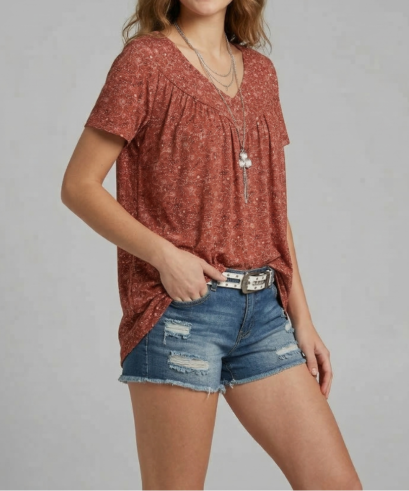Trisha™ | T-shirt floral com decote em V