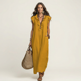 Josette | Vestido Maxi de Linho com Renda em V