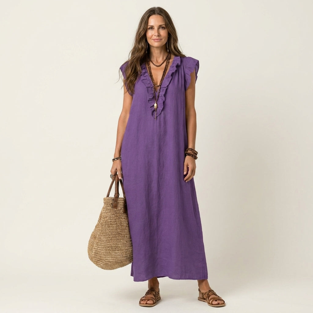 Josette | Vestido Maxi de Linho com Renda em V