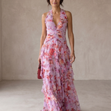 Belladina | Vestido Longo Romântico Kaskada de Rosas com Decote Americano