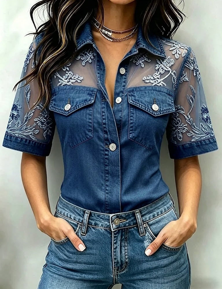 Marceline™ | Camisa de ganga com rendas