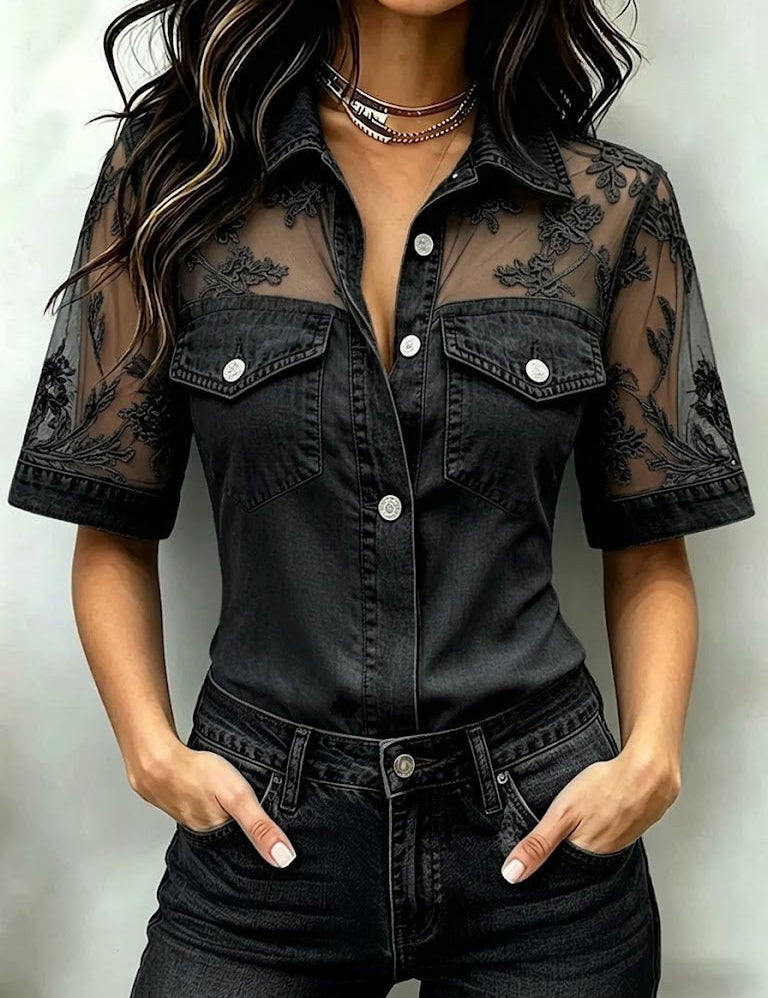 Marceline™ | Camisa de ganga com rendas